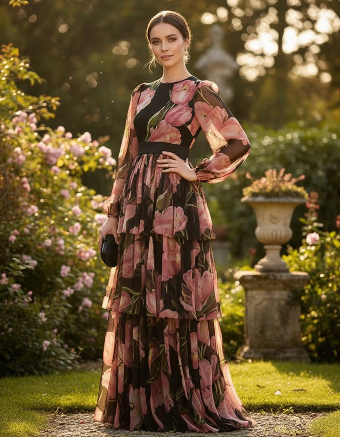Black And Pink Floral Maxi Dress