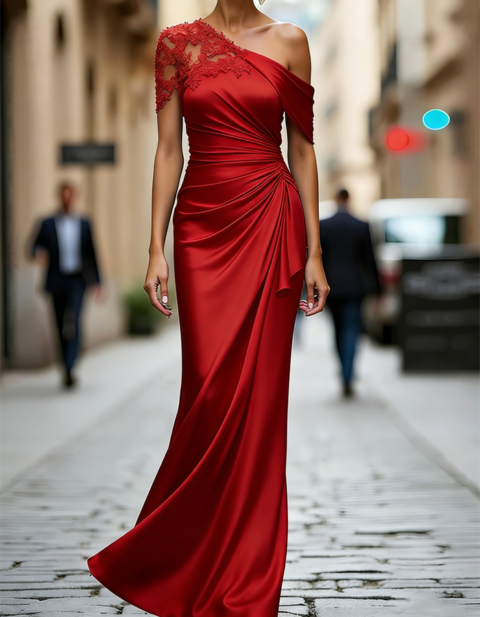 One-Shoulder Lace Satin Maxi Dress