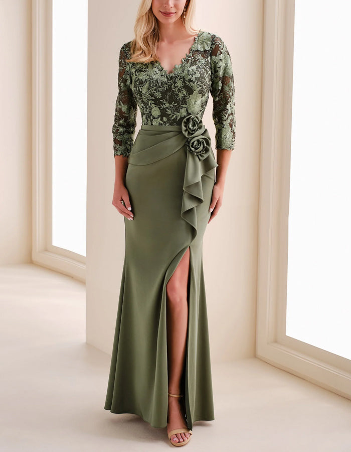 Solid Color Lace Patchwork 3d Flower Fishtail Maxi Dress