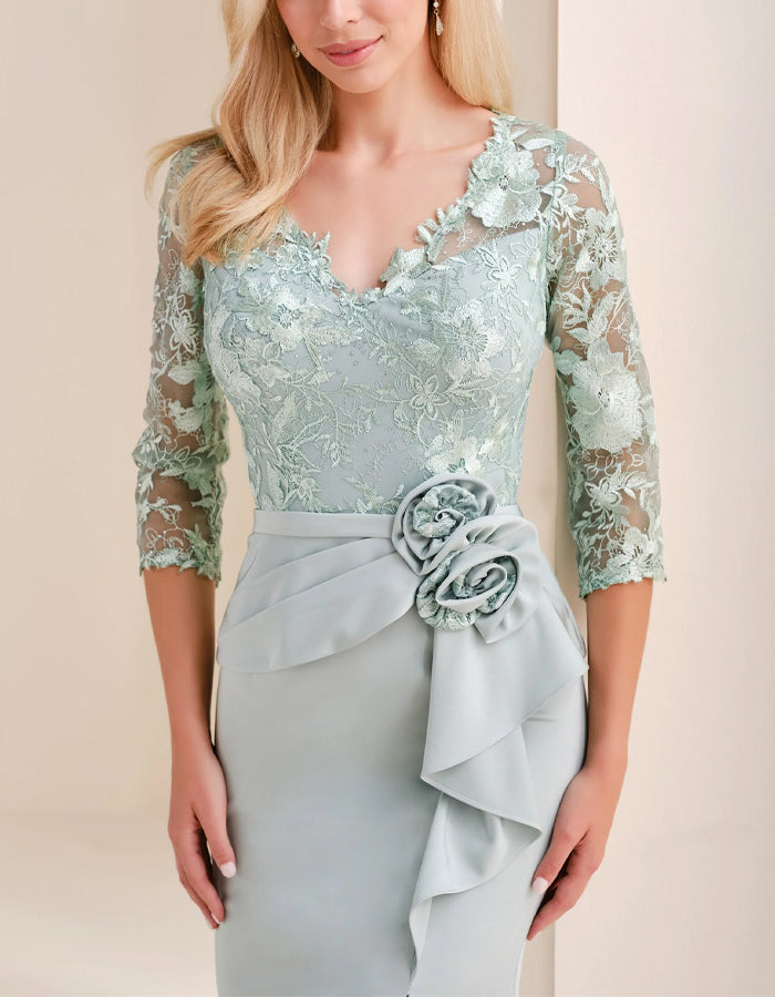 Robe longue sirène en dentelle patchwork à fleurs 3D de couleur unie