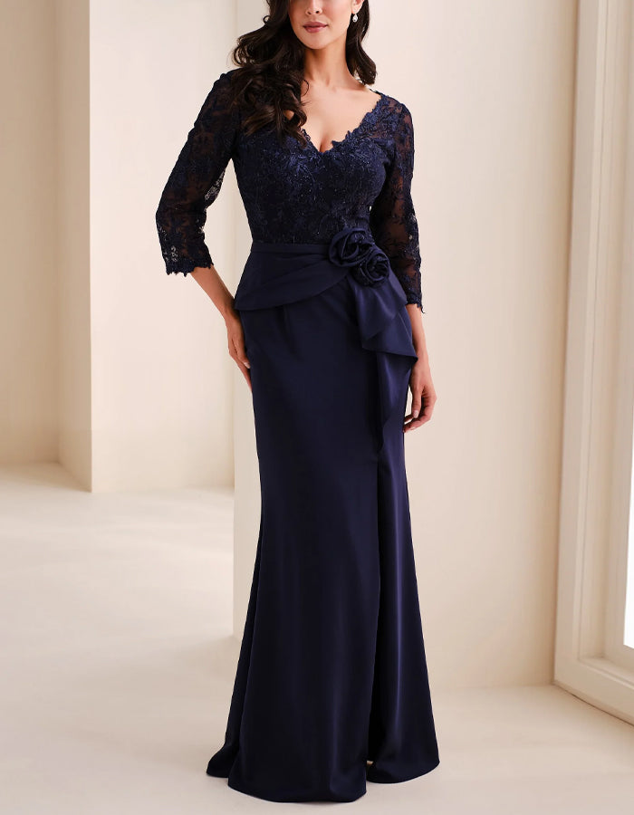 Solid Color Lace Patchwork 3d Flower Fishtail Maxi Dress