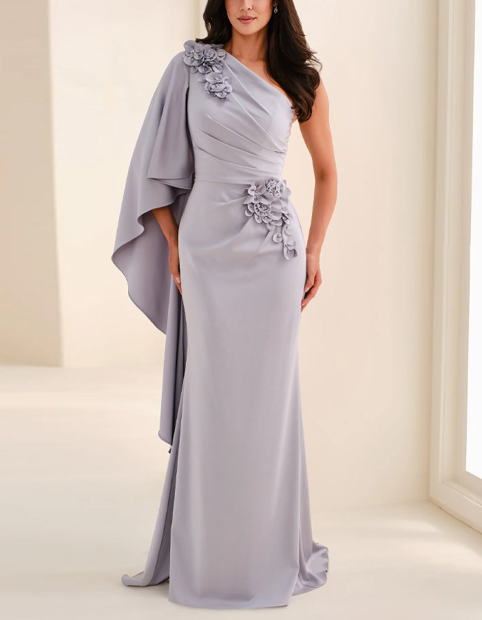 Solid Color One Shoulder 3d Floral Flowing Sleeve Fishtail Maxi Dress