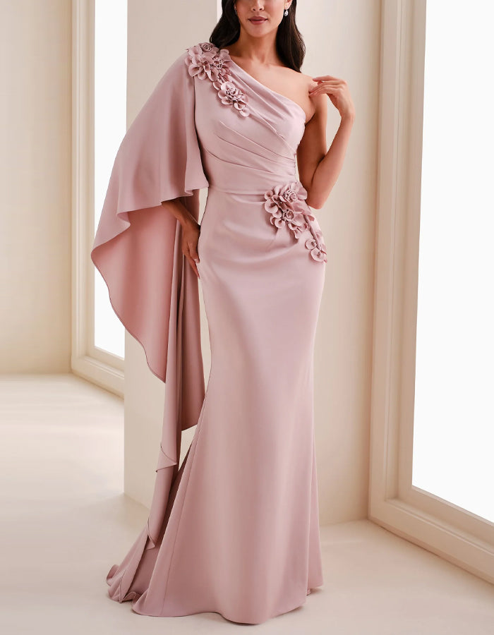 Solid Color One Shoulder 3d Floral Flowing Sleeve Fishtail Maxi Dress