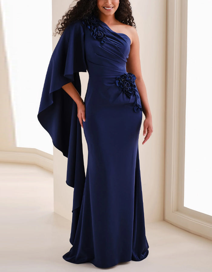 Solid Color One Shoulder 3d Floral Flowing Sleeve Fishtail Maxi Dress