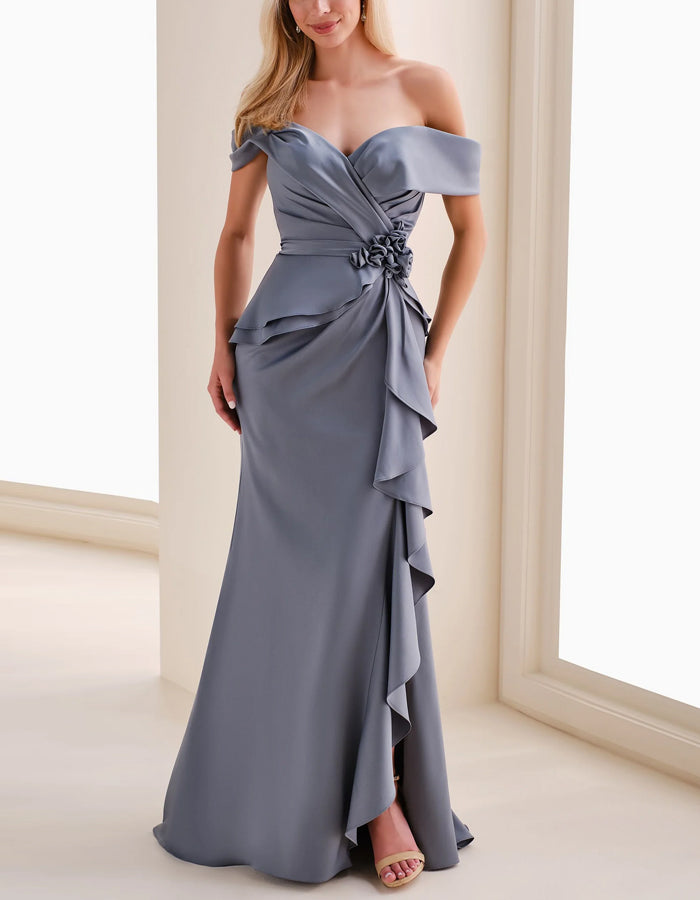 Solid Color Satin Off Shoulder 3d Floral Ruffle Fishtail Hem Maxi Dress