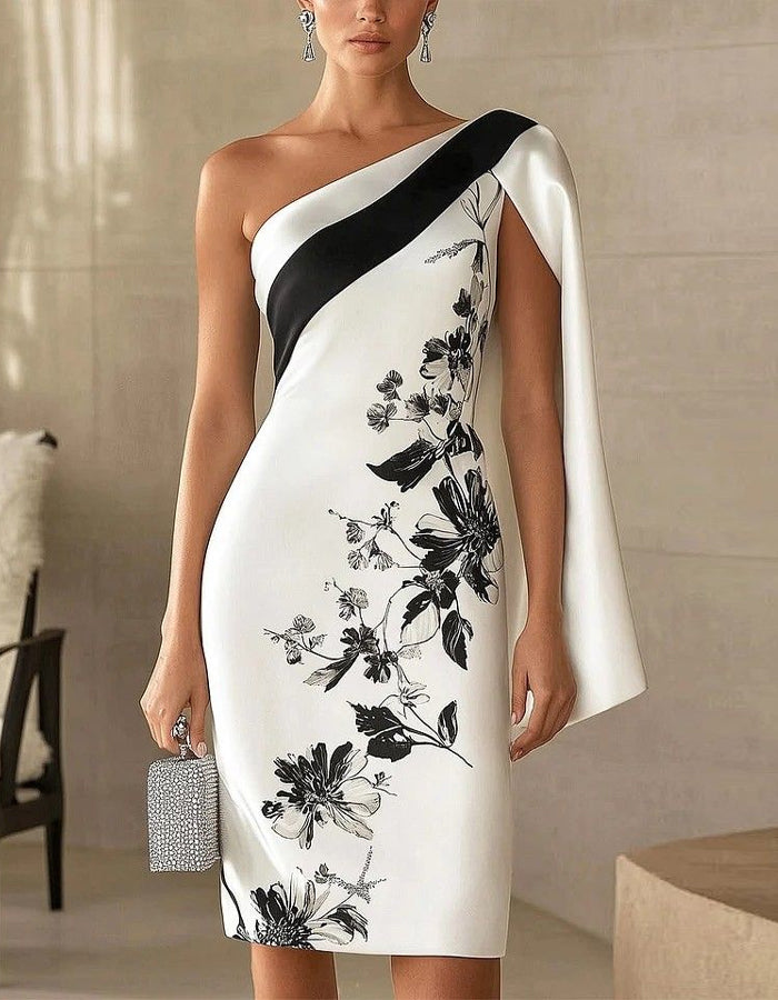 White Satin One Shoulder Color Blocked Print Mini Dress