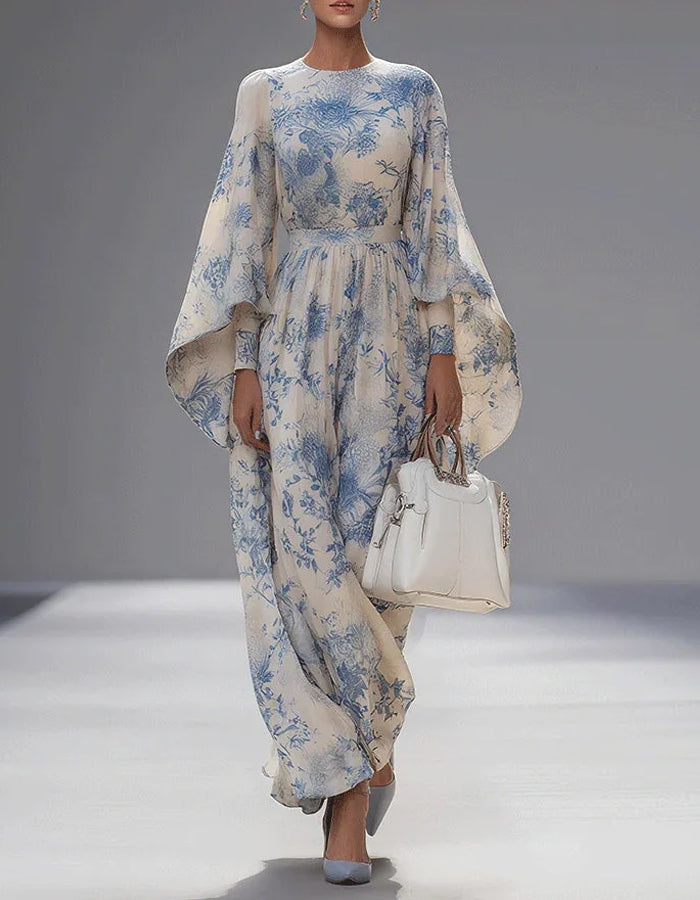 Beige Printed Round Neck Wide Sleeve Maxi Dress