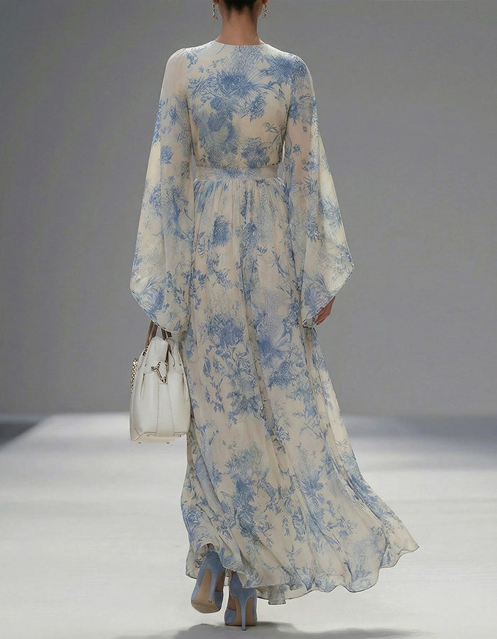Beige Printed Round Neck Wide Sleeve Maxi Dress
