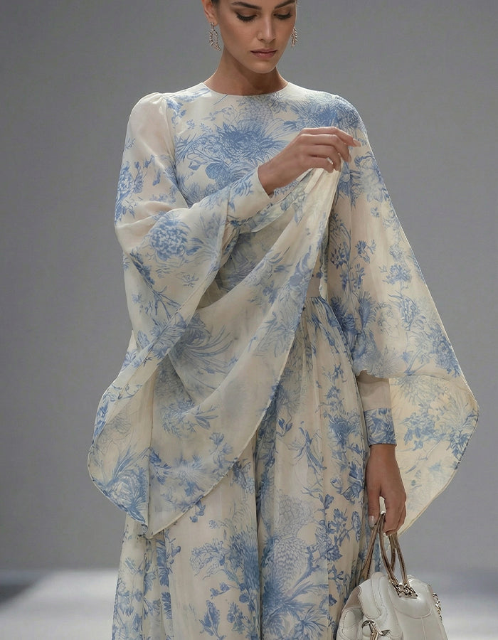 Beige Printed Round Neck Wide Sleeve Maxi Dress