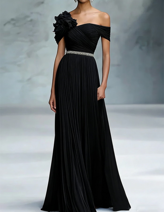 Pleated Chiffon 3d Floral Pattern Maxi Dress