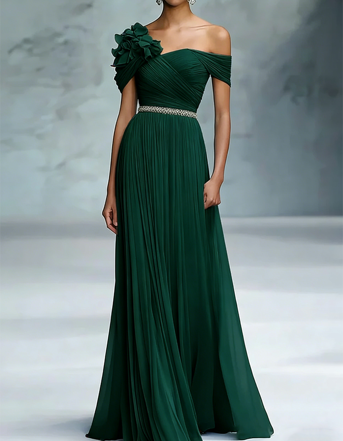 Pleated Chiffon 3d Floral Pattern Maxi Dress
