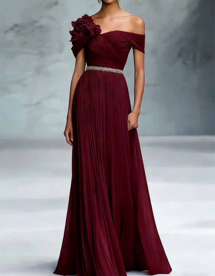 Pleated Chiffon 3d Floral Pattern Maxi Dress