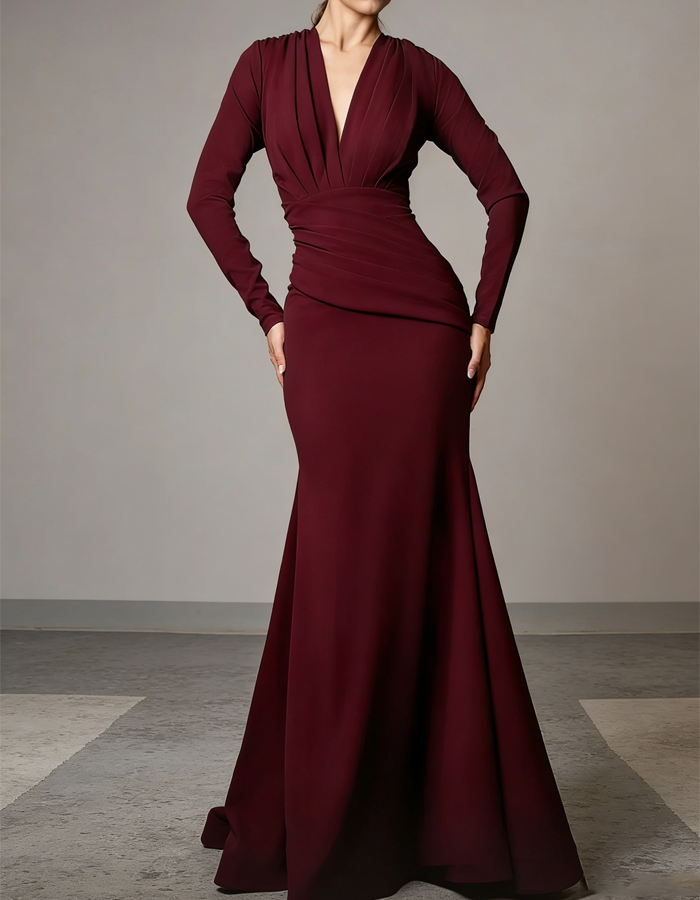 V-neck Long Sleeves Maxi Dress