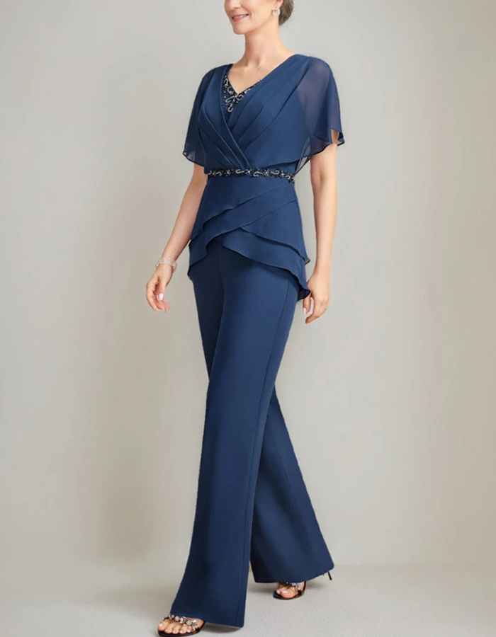 Layered Chiffon Top And Flowing Wide-Leg Trousers 2-piece Set