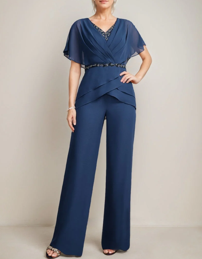 Layered Chiffon Top And Flowing Wide-Leg Trousers 2-piece Set