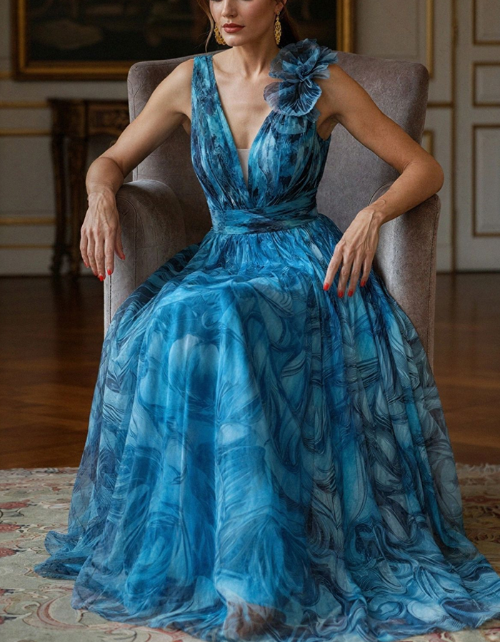 Vestido largo de gasa con estampado floral
