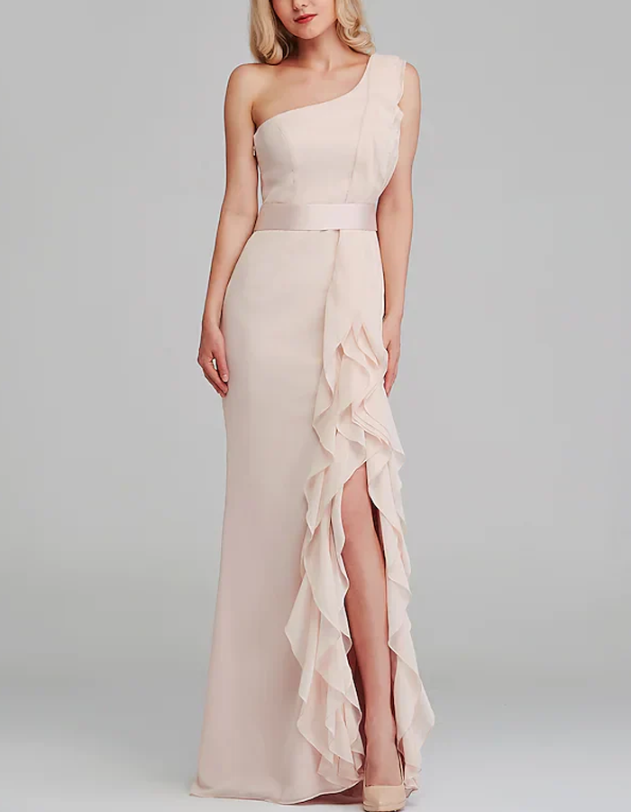 Chiffon One-Shoulder Layered Ruffles Maxi Dress