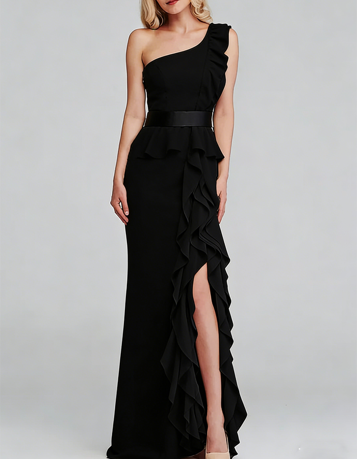 Chiffon One-Shoulder Layered Ruffles Maxi Dress