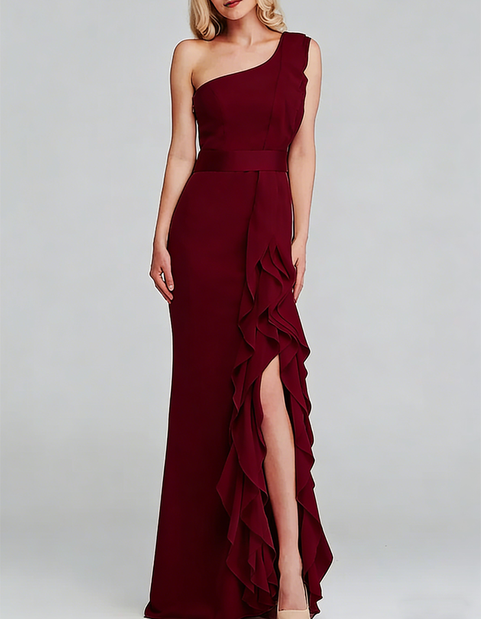 Chiffon One-Shoulder Layered Ruffles Maxi Dress