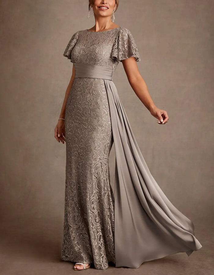 Light Coffee Lace Sequined Flutter Sleeves With Train Maxi Dress