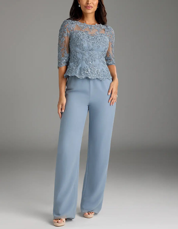 Dusty Blue Lace Embroidered Chiffon Jumpsuit 2-Piece Suit