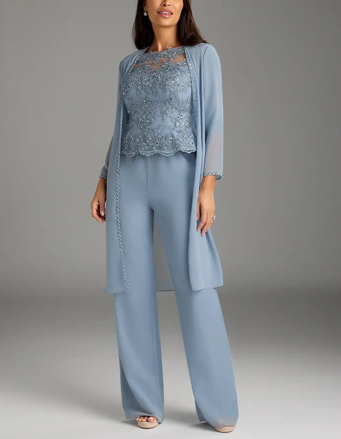Dusty Blue Lace Embroidered Chiffon Jumpsuit 2-Piece Suit