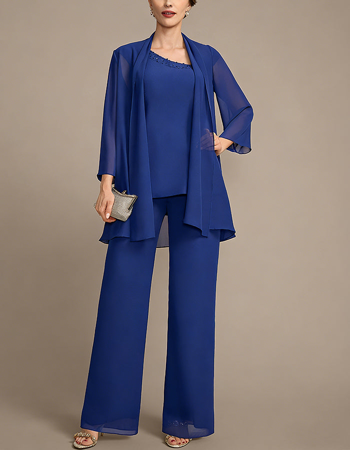 Traje de chifón azul rey de 3 piezas