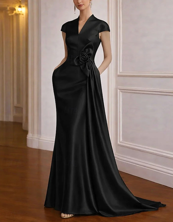Solid Color Satin 3D Floral Train Maxi Dress