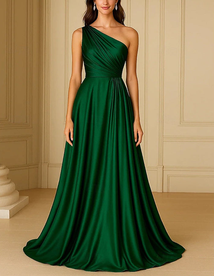 Solid Color Satin One shoulder Flared Maxi Dress