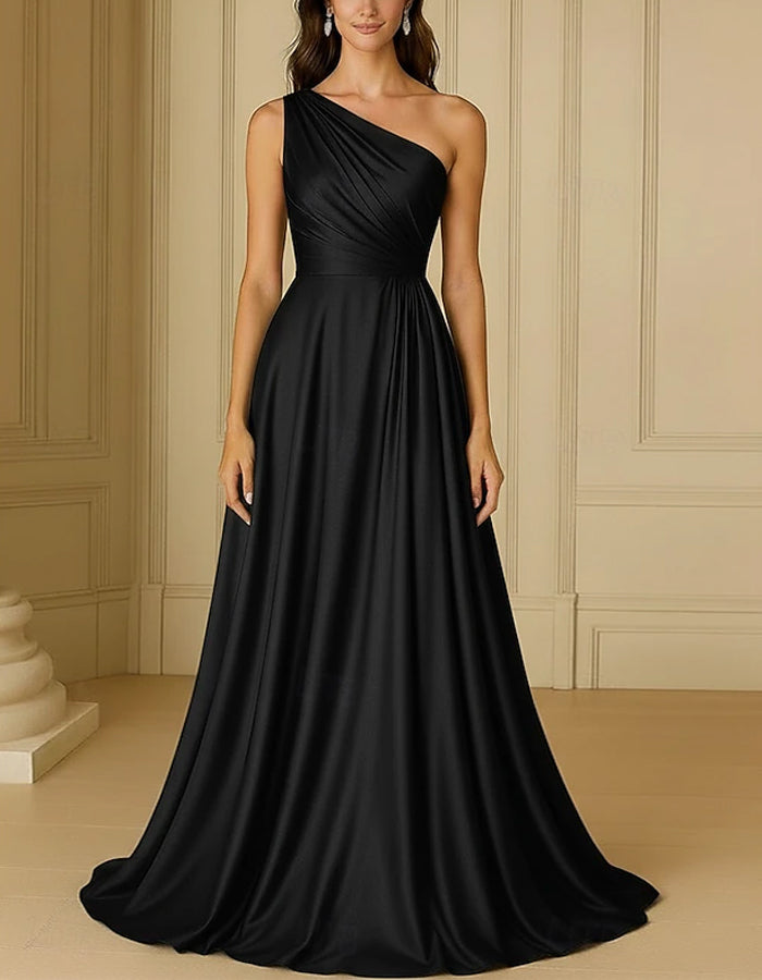 Solid Color Satin One shoulder Flared Maxi Dress