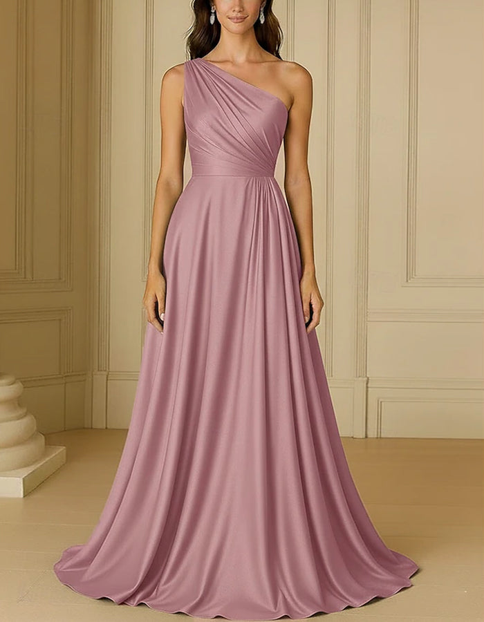 Solid Color Satin One shoulder Flared Maxi Dress