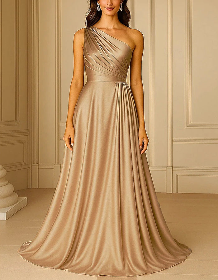 Solid Color Satin One shoulder Flared Maxi Dress