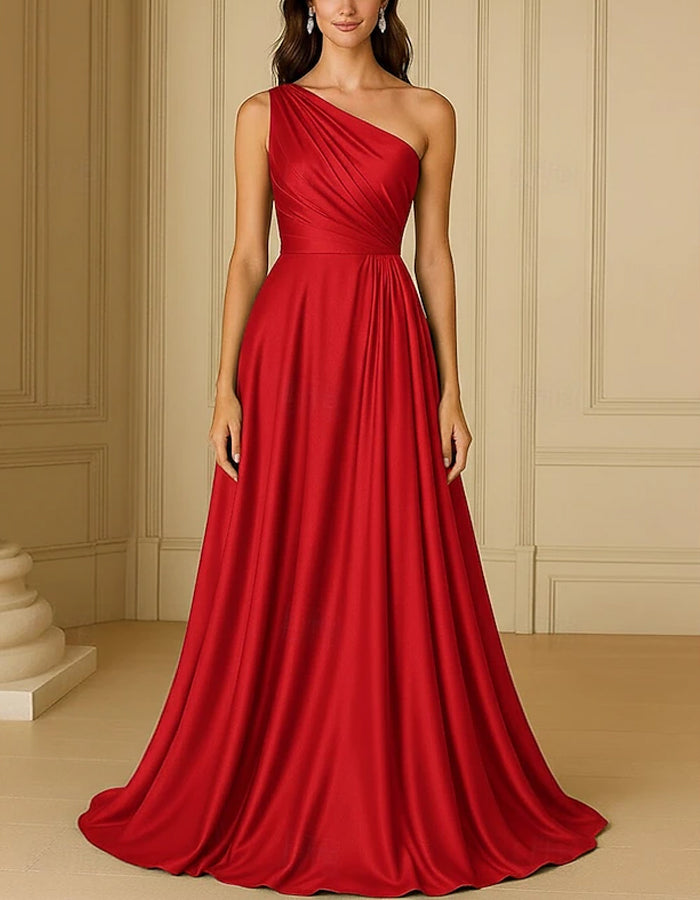 Solid Color Satin One shoulder Flared Maxi Dress