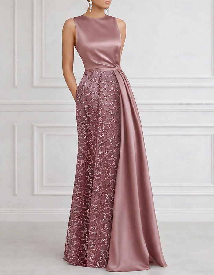 Solid Color Satin Lace Patchwork Maxi Dress