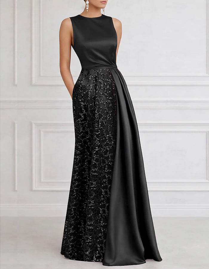 Solid Color Satin Lace Patchwork Maxi Dress