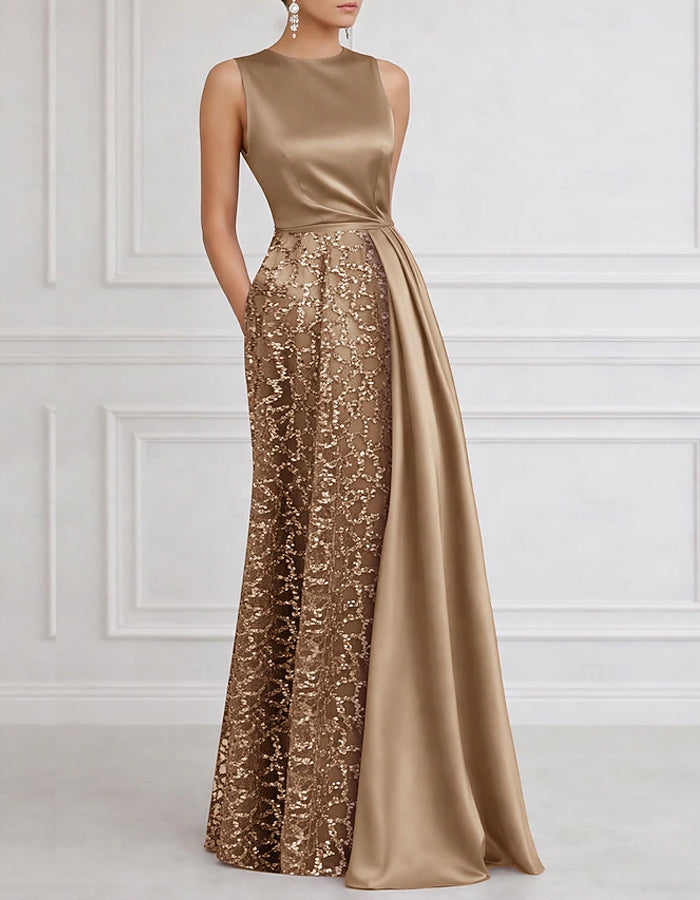 Solid Color Satin Lace Patchwork Maxi Dress