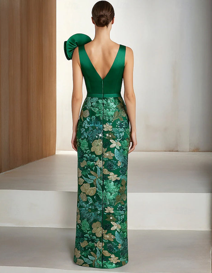 Vestido maxi de satén liso con bordado floral 3D y lentejuelas