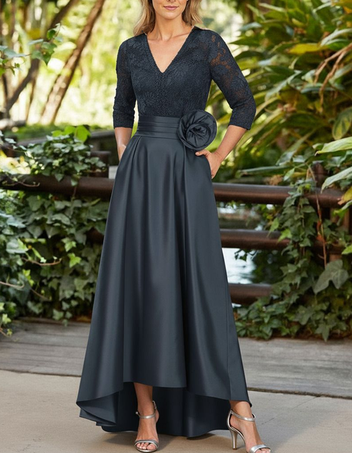 Vestido maxi con estampado floral, cintura asimétrica, de raso y encaje