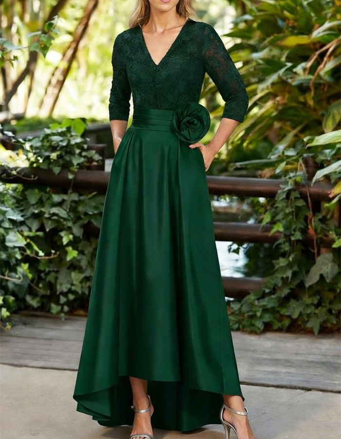 Vestido maxi con estampado floral, cintura asimétrica, de raso y encaje