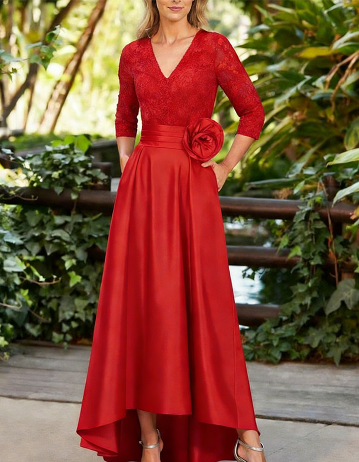 Lace Satin Asymmetrical Floral Waist Maxi Dress