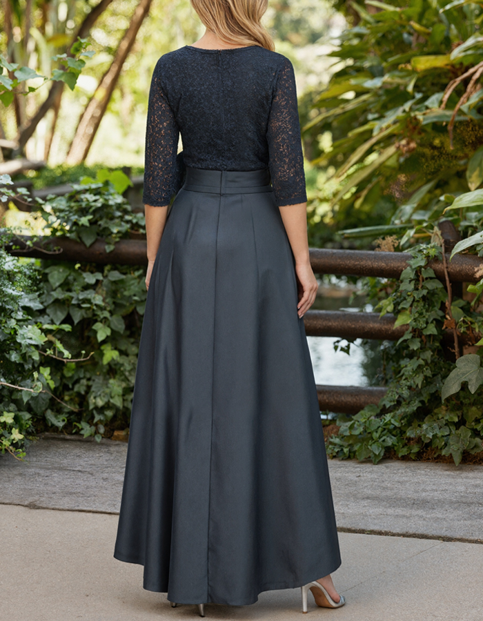 Lace Satin Asymmetrical Floral Waist Maxi Dress