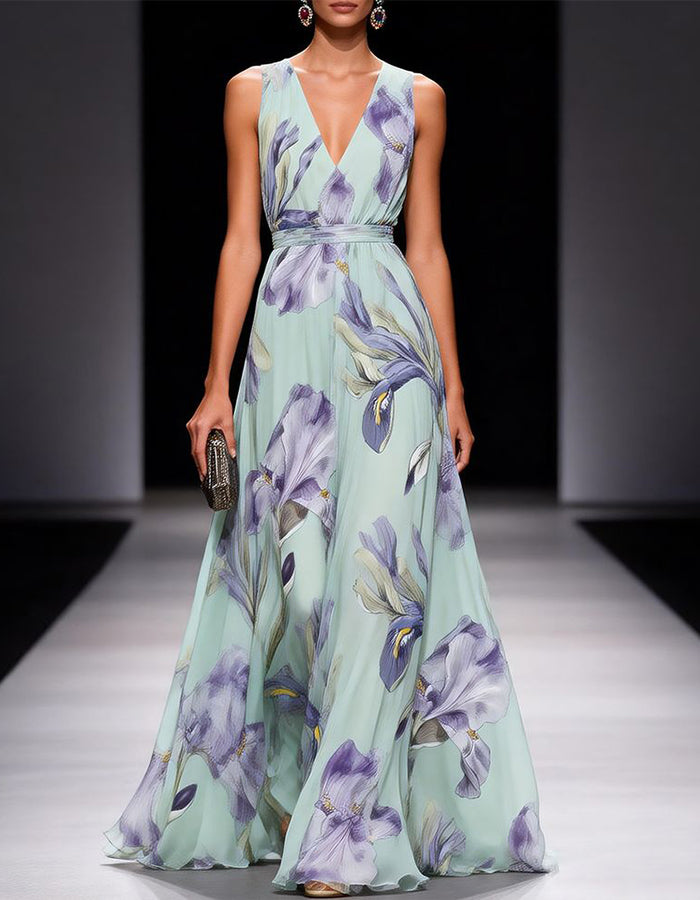 Mint Green Iris Print Chiffon Maxi Dress