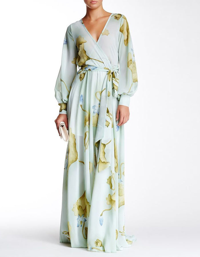 Mint Green Floral Chiffon Tie Waist Maxi Dress