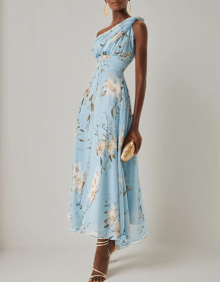Light Blue Floral Chiffon One-Shoulder Midi Dress