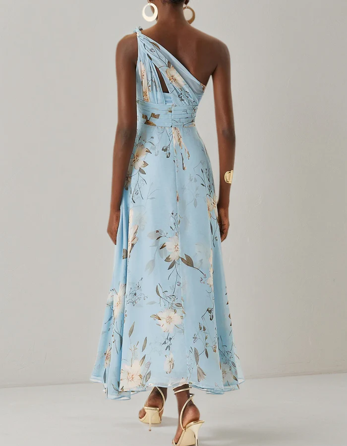 Light Blue Floral Chiffon One-Shoulder Midi Dress
