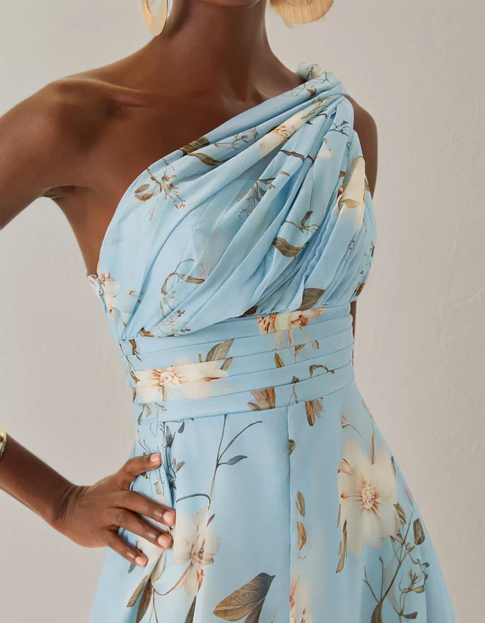 Light Blue Floral Chiffon One-Shoulder Midi Dress