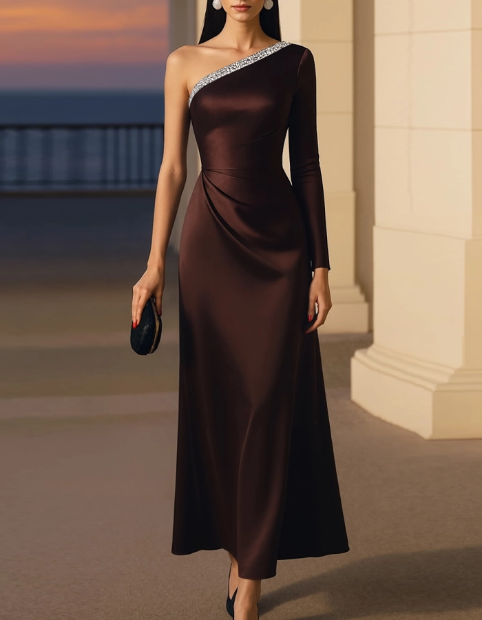 Vestido largo de satén marrón oscuro con un solo hombro
