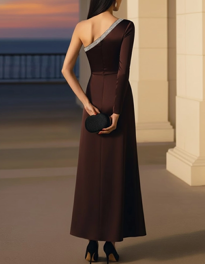 Deep Brown Satin One-Shoulder Maxi Dress