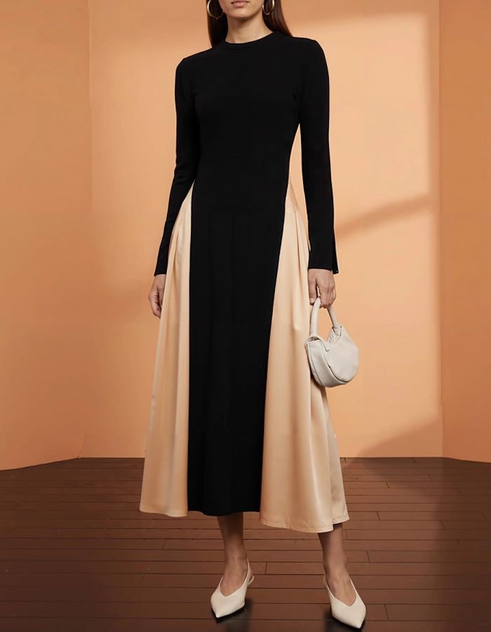 Vestido Midi de Punto Color Bloqueado Negro y Beige