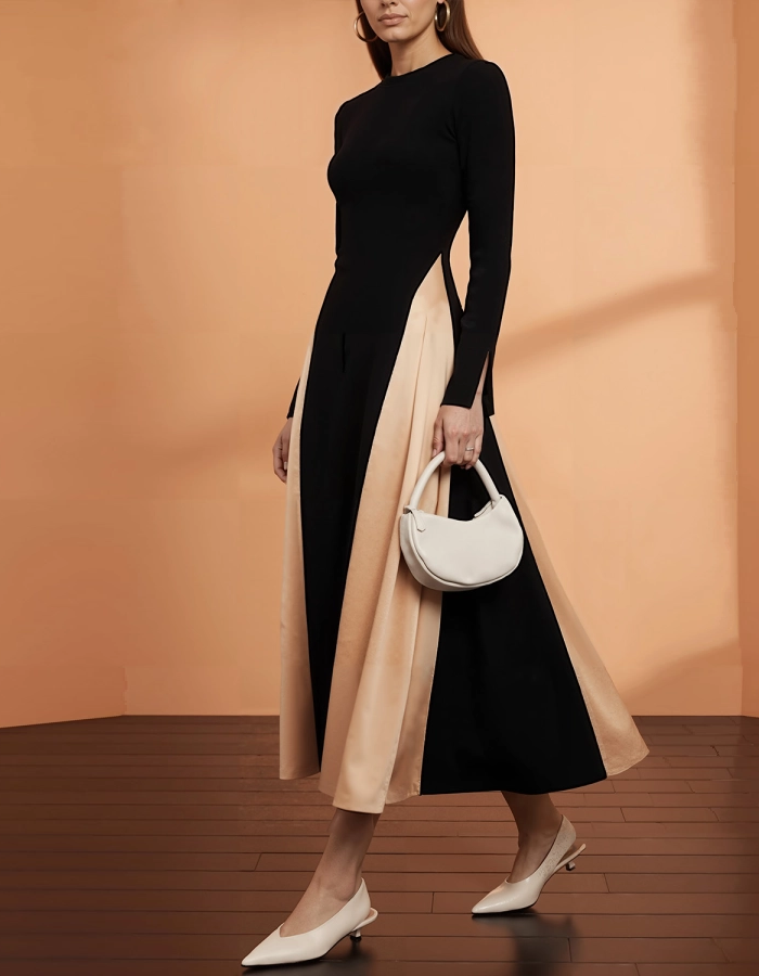 Black & Beige Color-Blocked Knit Midi Dress